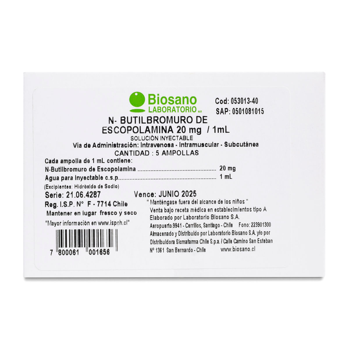 N-Butilbromuro De Escopolamina Sol Iny 20Mg/1Ml Biosano N-Butilbromuro De Escopolamina Sol Iny 20Mg/1Ml Biosano